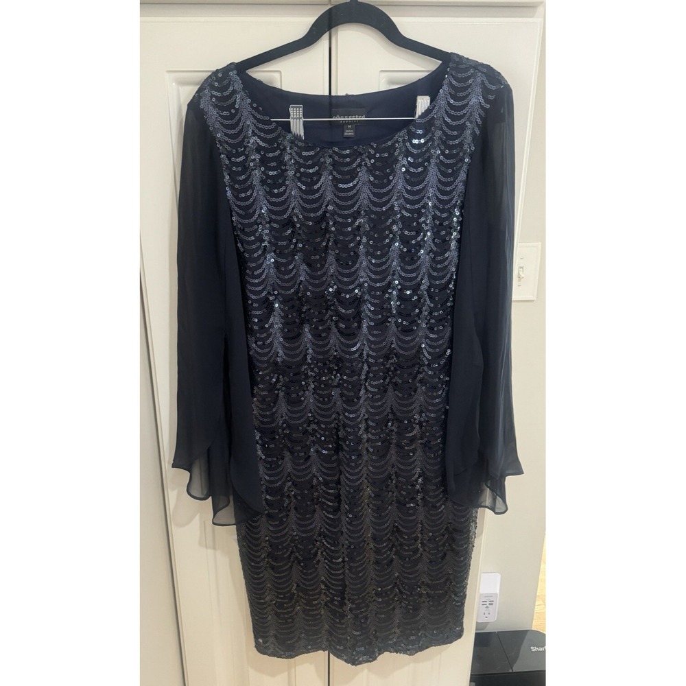 Connected‎ Apparel Navy Blue Sequin Shift Dress Long Flutter Sleeve Size 14 EUC
